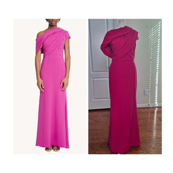 BADGLEY MISCHKA Draped Off Shoulder Gown 8 Pink Black Tie Wedding Guest Ballgown - Picture 1 of 17